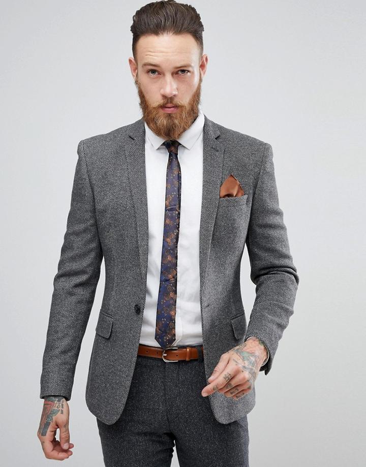 Asos Super Skinny Texture Blazer In Charcoal Wool Mix - Gray