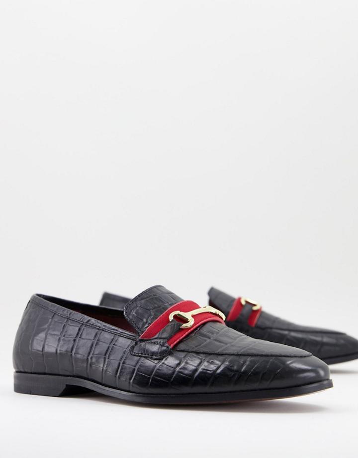 Walk London Raphael Bar Loafers In Black Mock Croc