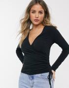 New Look Wrap Ruched Top In Black