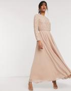 Asos Design Bridesmaid Maxi Dress With Long Sleeve In Pearl And Beaded Embellishment With Tulle Skirt-multi