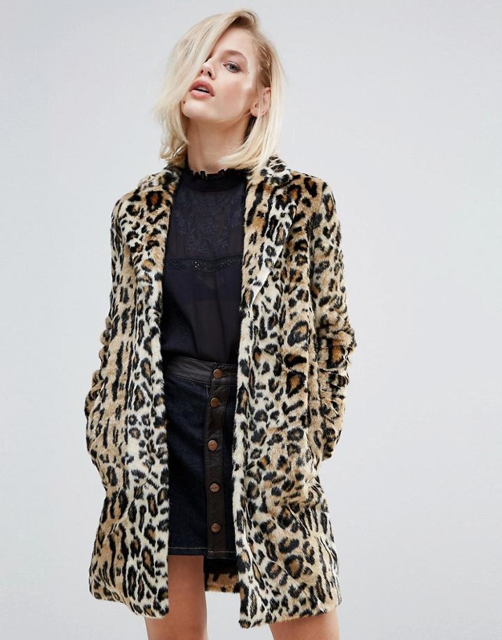 Pepe Jeans Sessile Leopard Faux Fur Coat - Brown