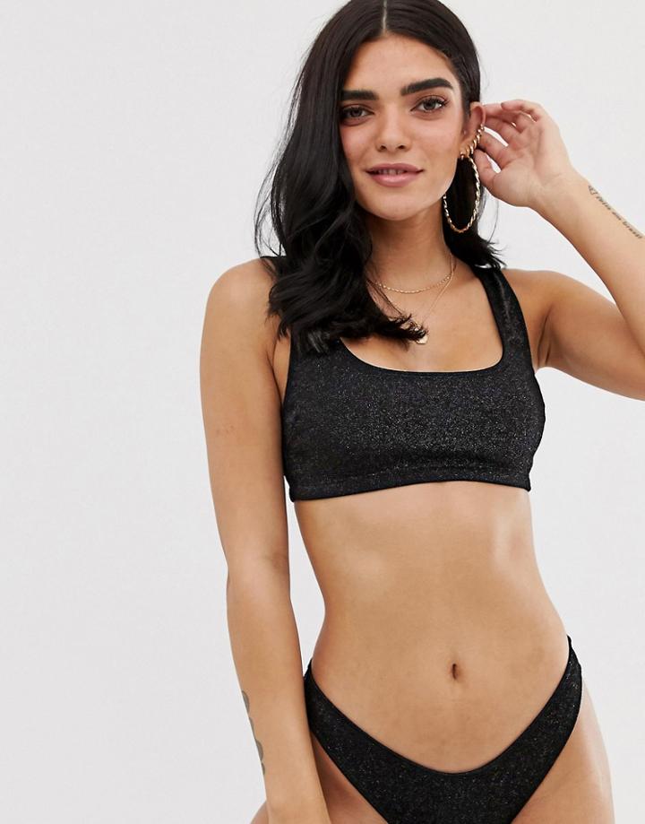 Asos Design Crop Bikini Top In Black Glitter - Black