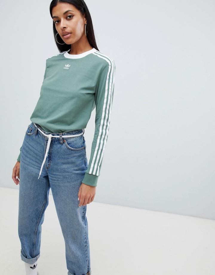 Adidas Originals Three Stripe Long Sleeve T-shirt In Green - Green