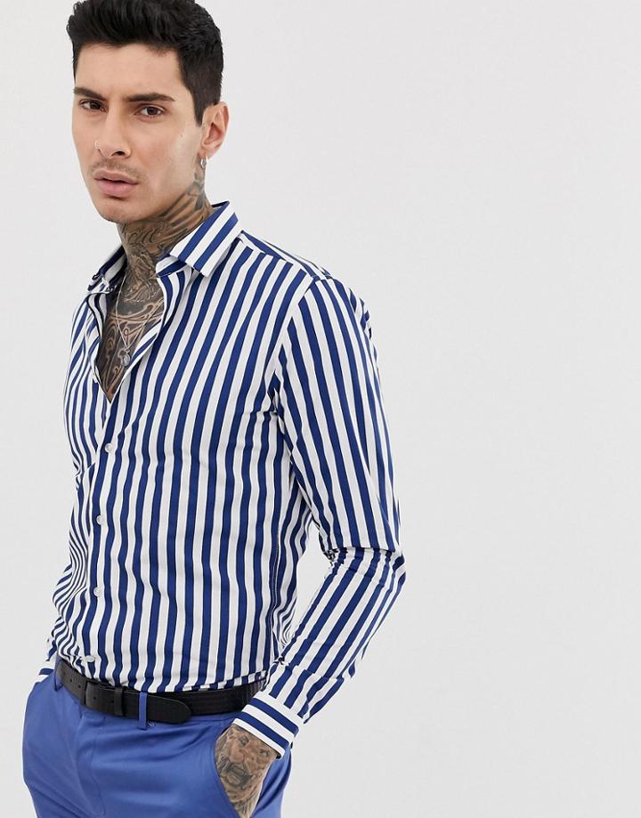 Devils Advocate Slim Fit Cotton Stripe Long Sleeve Shirt - Navy