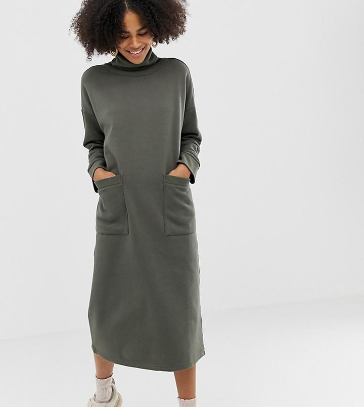 Monki Roll Neck Midi Dress With Oversized Pockets In Khaki - Green