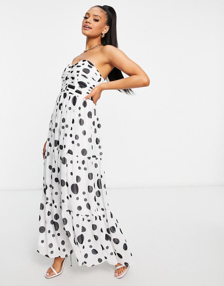 Tfnc Bandeu Tiered Maxi Dress In Mono Polkadot-multi