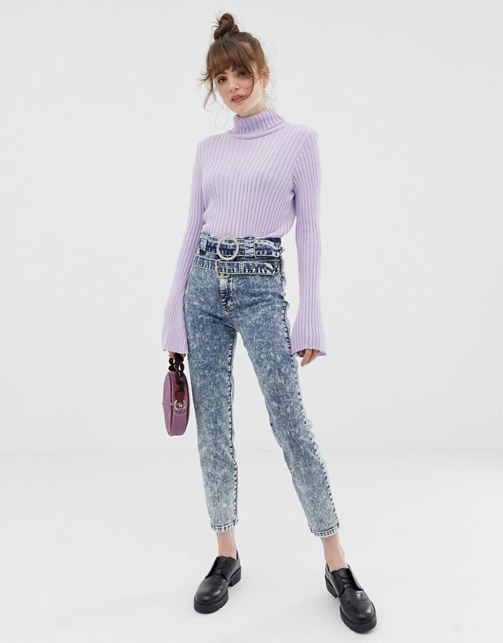 Asos Design Farleigh Slim Mom Jeans With Diamonte Double Belt Detail In Acid Wash - Blue