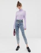 Asos Design Farleigh Slim Mom Jeans With Diamonte Double Belt Detail In Acid Wash - Blue