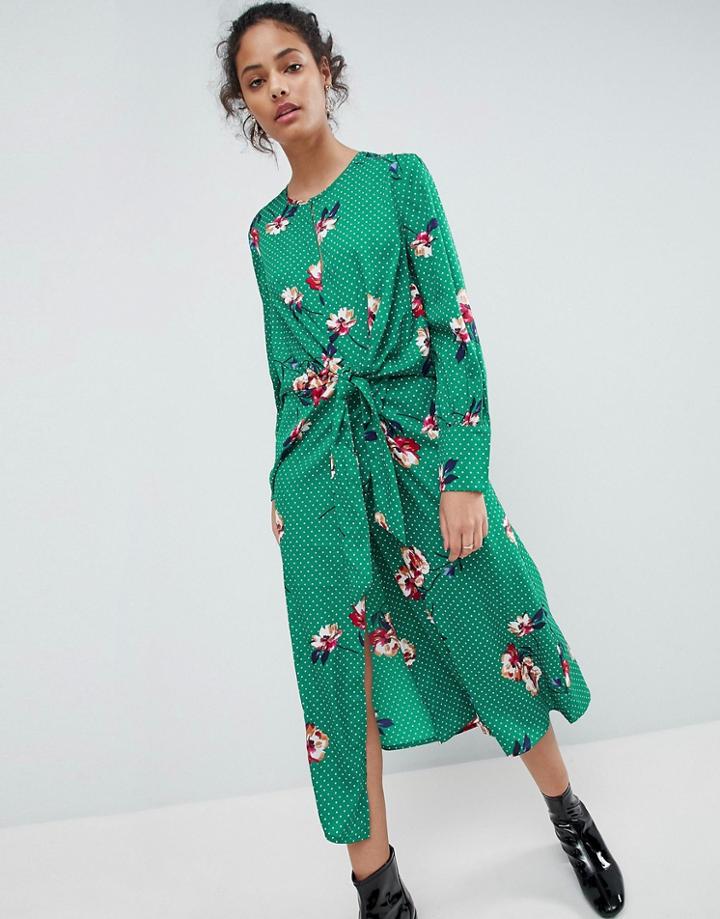 Influence Knot Asymmetric Wrap Front Floral Midi Dress - Green
