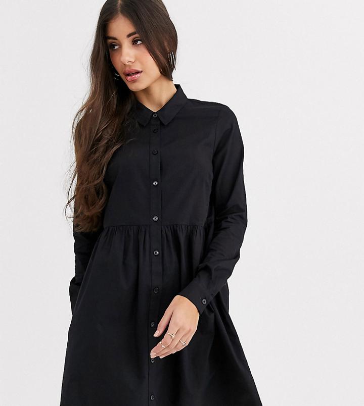Asos Design Tall Cotton Mini Smock Shirt Dress In Black