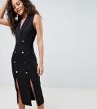 Asos Design Tall Exclusive Midi Tux Dress With Gold Buttons - Black
