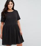 Asos Curve Casual Mini Smock Dress In Grid Texture - Black