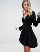 Asos Design Casual Skater Mini Dress With Long Sleeves And Bow Back-black