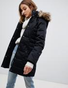 Vero Moda Padded 3/4 Length Coat With Faux Fur Trim - Black