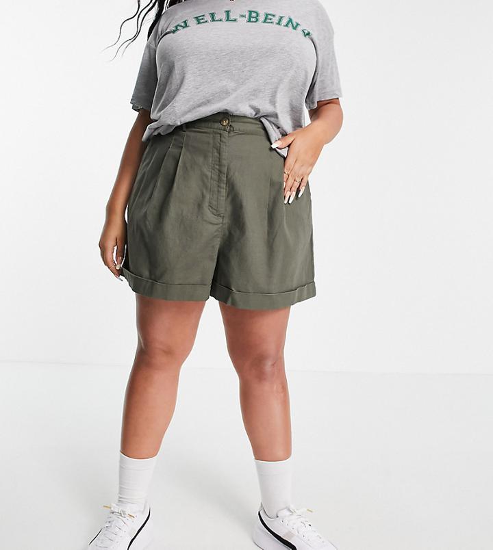 Asos Design Curve Pleat Front Linen Wide Leg Short In Khaki-green
