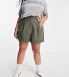 Asos Design Curve Pleat Front Linen Wide Leg Short In Khaki-green