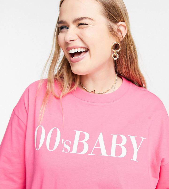 Asos Design Curve Oversized T-shirt In Pink With 00s Front Graphic Print