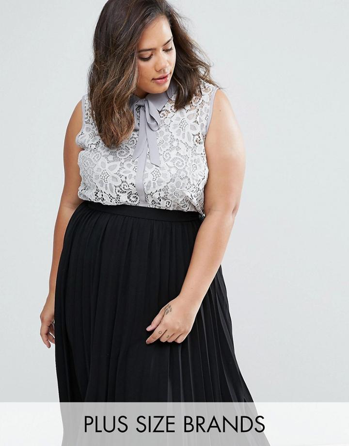 Elvi Plus Pussy Bow Top In Lace - Gray