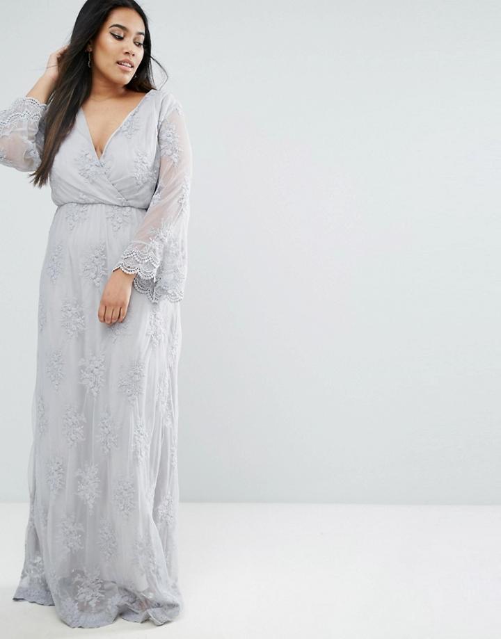 Club L Plus Embroided Lace Maxi Dress With Wrap Front - Gray