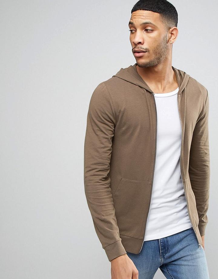 Asos Lightweight Muscle Zip-up Hoodie In Brown - Brown