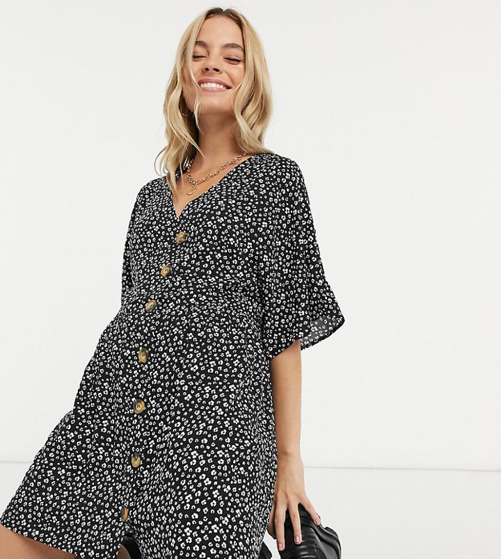 Asos Design Petite V-neck Button Through Mini Smock Dress In Black Floral Print-multi
