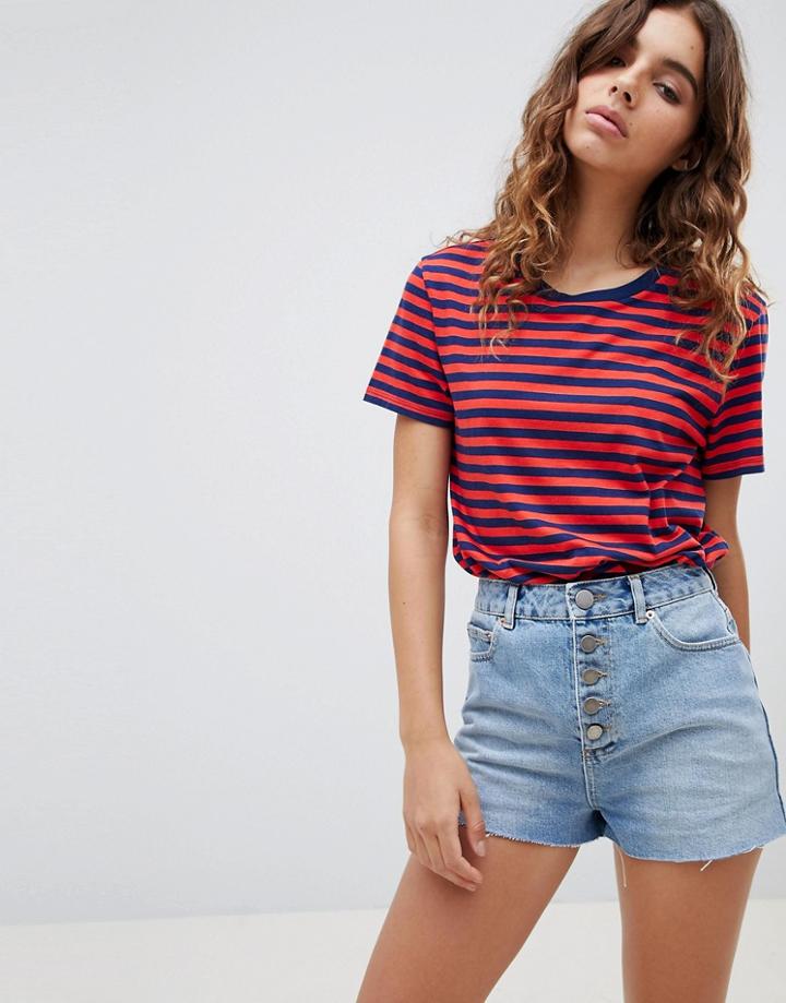 Asos Design Denim Short With Raw Hem And Exposed Button Fly - Blue
