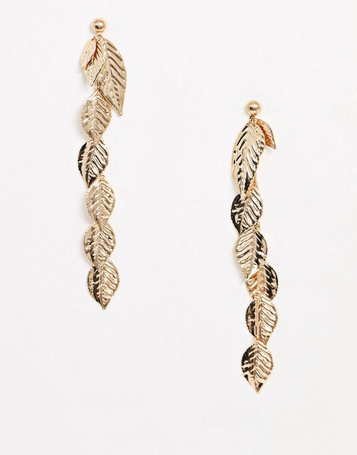 Asos Design Earrings With Leaf Embellished Drop In Gold Tone