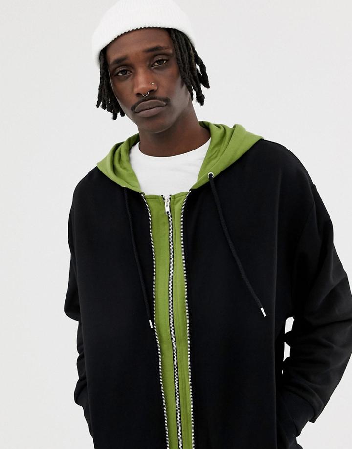 Asos Design Zip Up Hoodie With Double Zip Detail And Contrast Hood In Black - Black