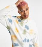 Asos Design Oversized Sweatshirt In Beige Tie Dye With Smile Elbow Prints-neutral
