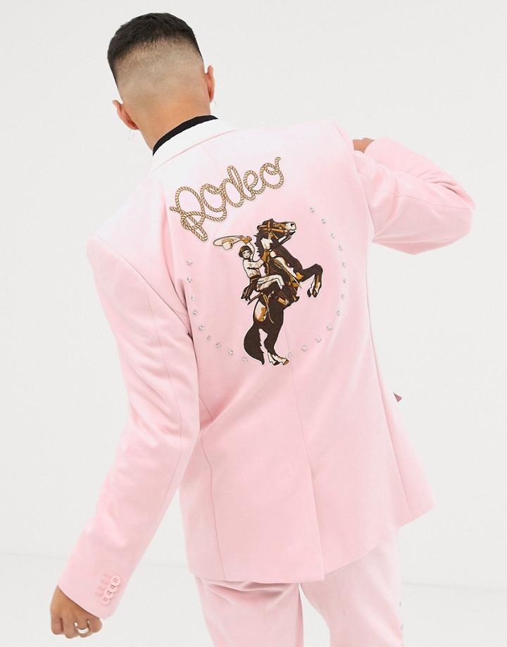 Asos Design Slim Suit Jacket In Pink Faux Suede With Western Embroidery - Pink