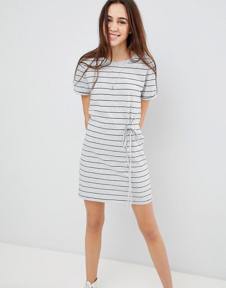 Brave Soul Ahoy Stripe T Shirt Dress With Drawstring Tie - Gray