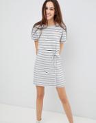 Brave Soul Ahoy Stripe T Shirt Dress With Drawstring Tie - Gray