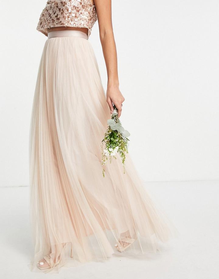 Asos Design Bridesmaid Pleated Tulle Maxi Skirt With Ribbon Waist In Champagne - Part Of A Set-pink