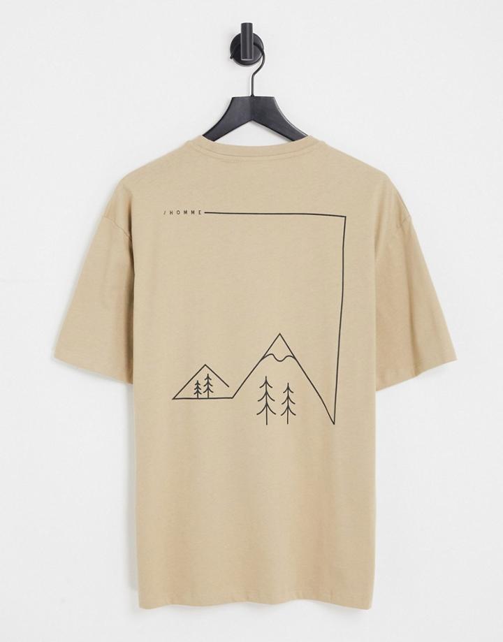 Selected Homme Oversized T-shirt With Mountain Back Print In Beige-neutral