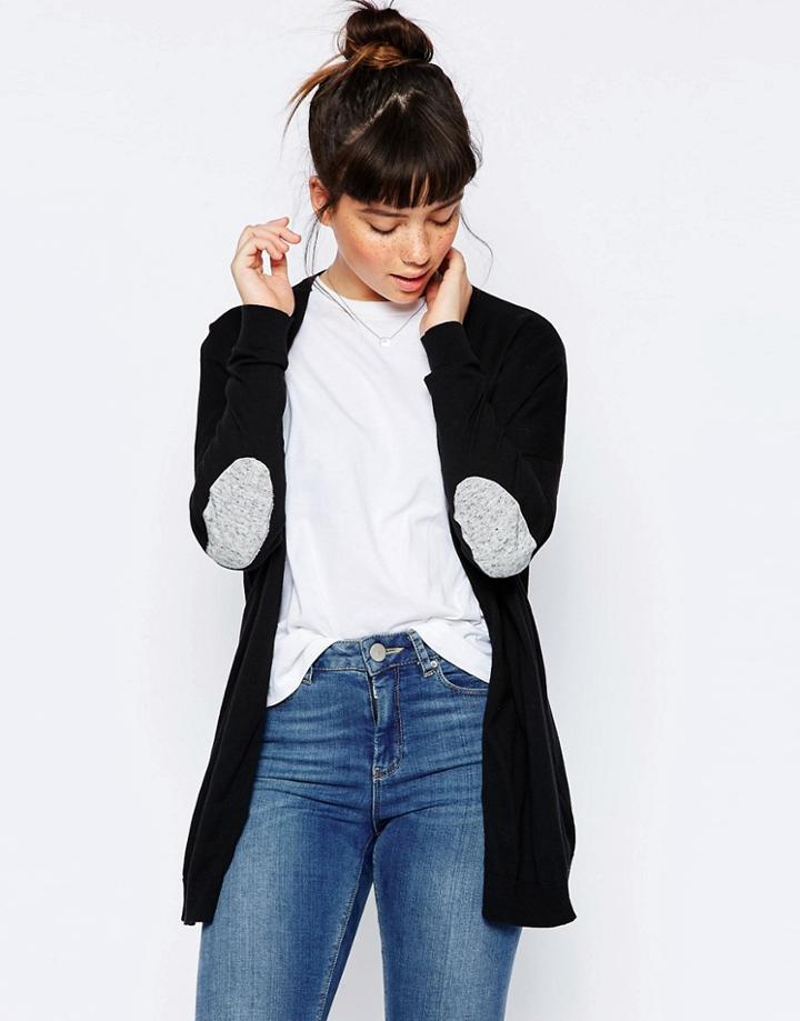 Asos Swing Cardigan With Grey Oval Elbow Patch - Black