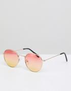 Asos Design Round Sunglasses In Gold With Orange & Yellow Fade Lens - Gold