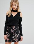 New Look Cold Shoulder Plisse Choker Detail Top - Black