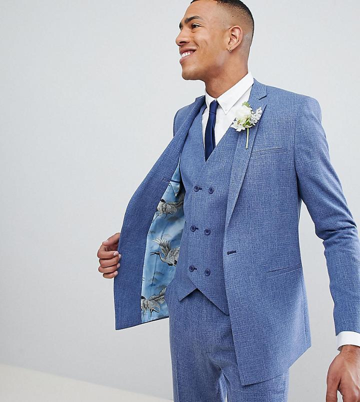 Asos Design Tall Wedding Skinny Suit Jacket In Provence Blue Cross Hatch With Printed Lining