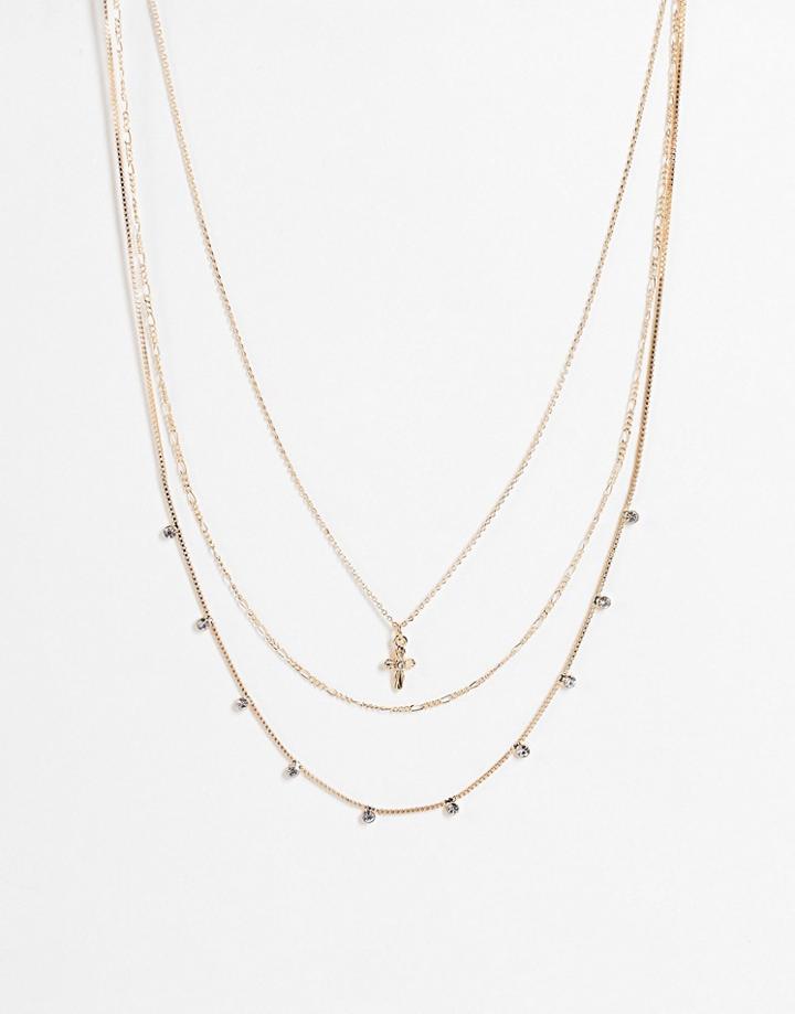 Asos Design 3-pack Necklaces With Opal Design Chain And Mini Cross In Gold Tone
