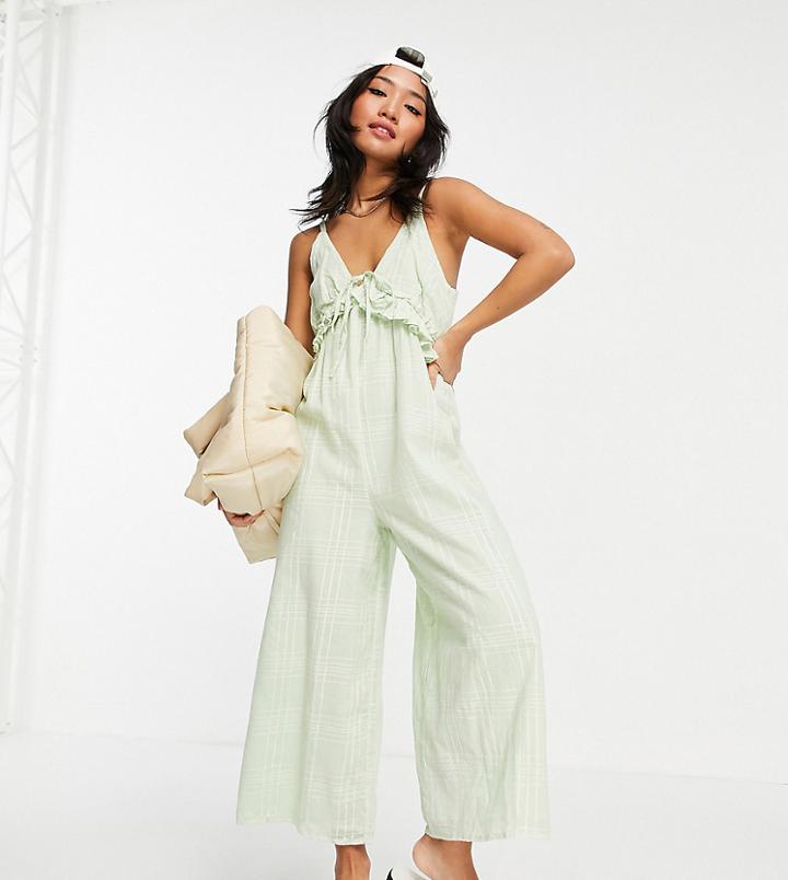 Asos Design Petite V Neck Frill Tie Culotte Jumpsuit In Duck Egg Blue-blues