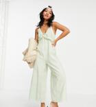 Asos Design Petite V Neck Frill Tie Culotte Jumpsuit In Duck Egg Blue-blues