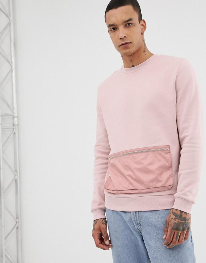 Asos Design Sweatshirt With Woven Pocket In Pink - Pink