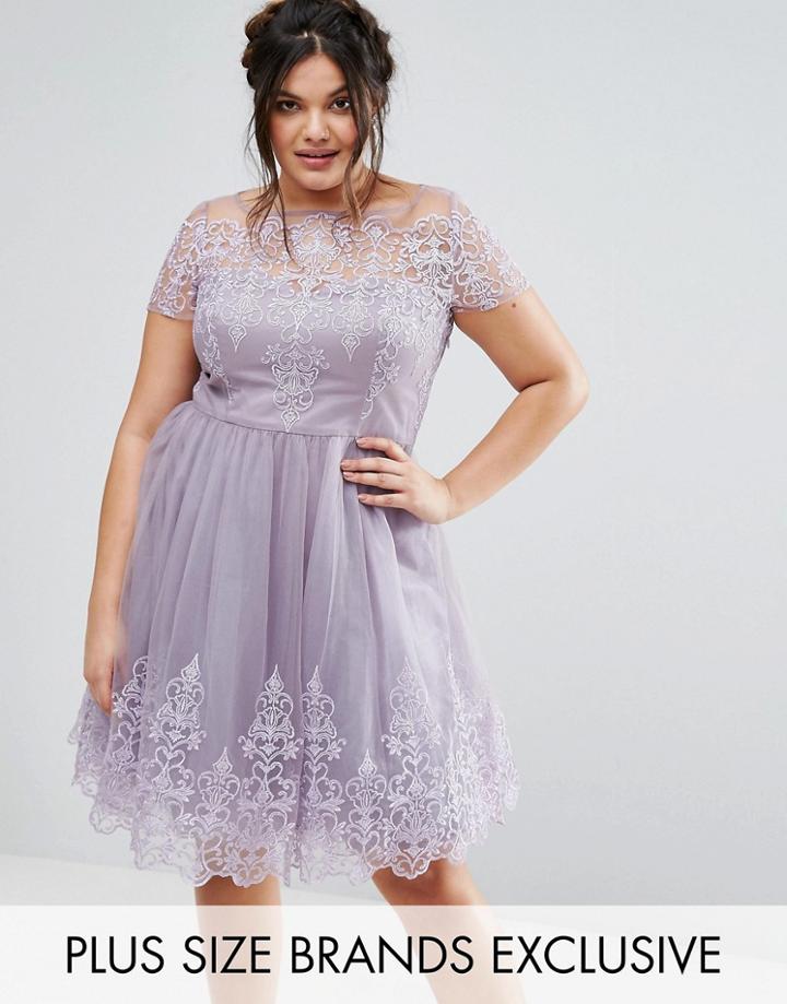 Chi Chi London Plus Premium Lace Bodice Midi Dress With Tulle Skirt - Purple