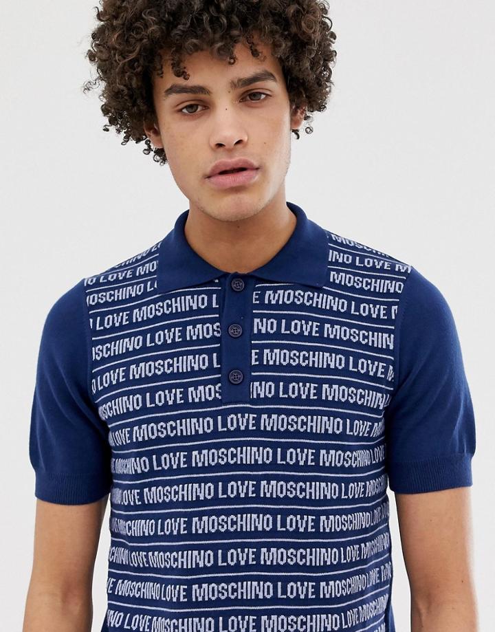 Love Moschino Knitted Allover Print Polo Shirt - Navy