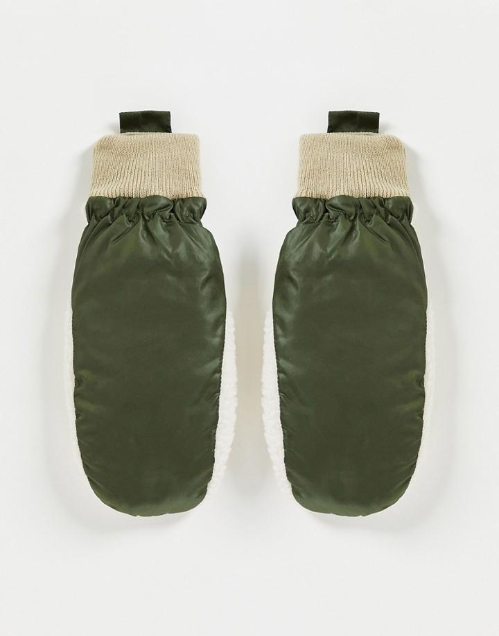 Asos Design Mittens In Khaki & Ecru Fleece-green
