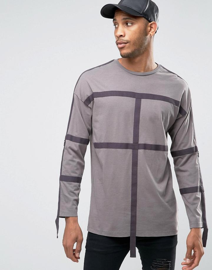 Asos Oversized Long Sleeve T-shirt With Strap Detail - Gray