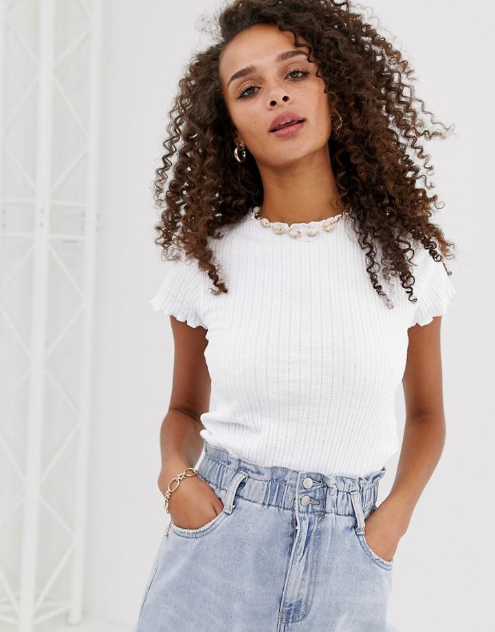 Asos Design Crop Top In Pointelle With Lettuce Trim-white