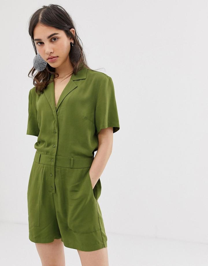 Asos Design Short Sleeve Boiler Romper - Green