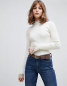 Moon River Lace Detail Ribbed Knit Top - Cream