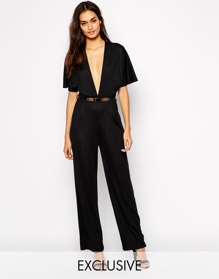 Oh My Love Kimono Sleeve Belted Jumpsuit With Wide Leg - Black